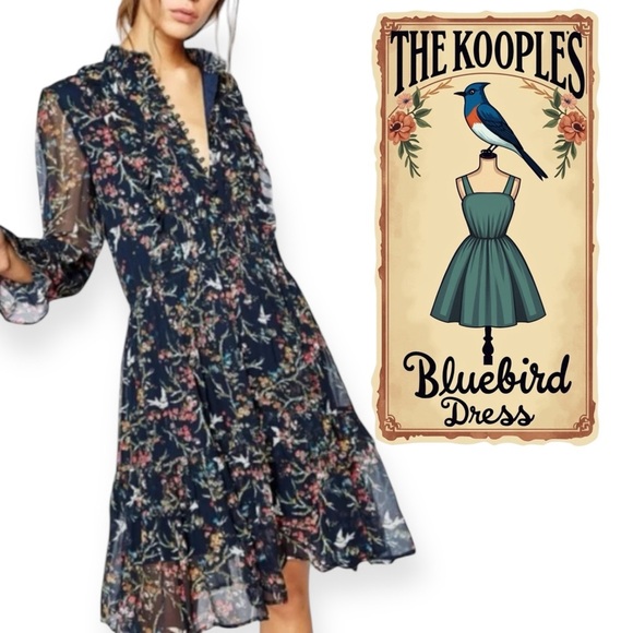 The Kooples Blue Bird Silk Chiffon Dress navy green yellow pink red white Medium - Picture 1 of 16